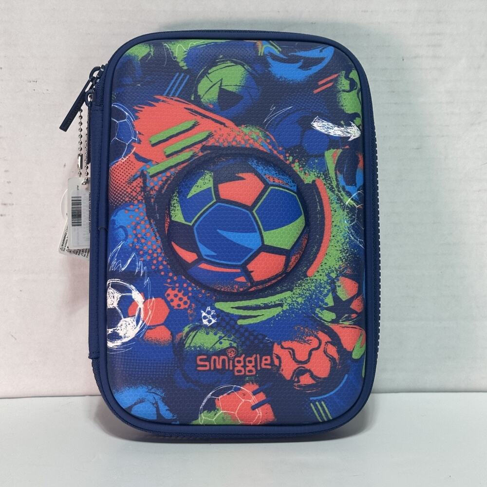 Smiggle Soccer Ball Hard Shell Pencil Case Blue Zip Around New With Tags